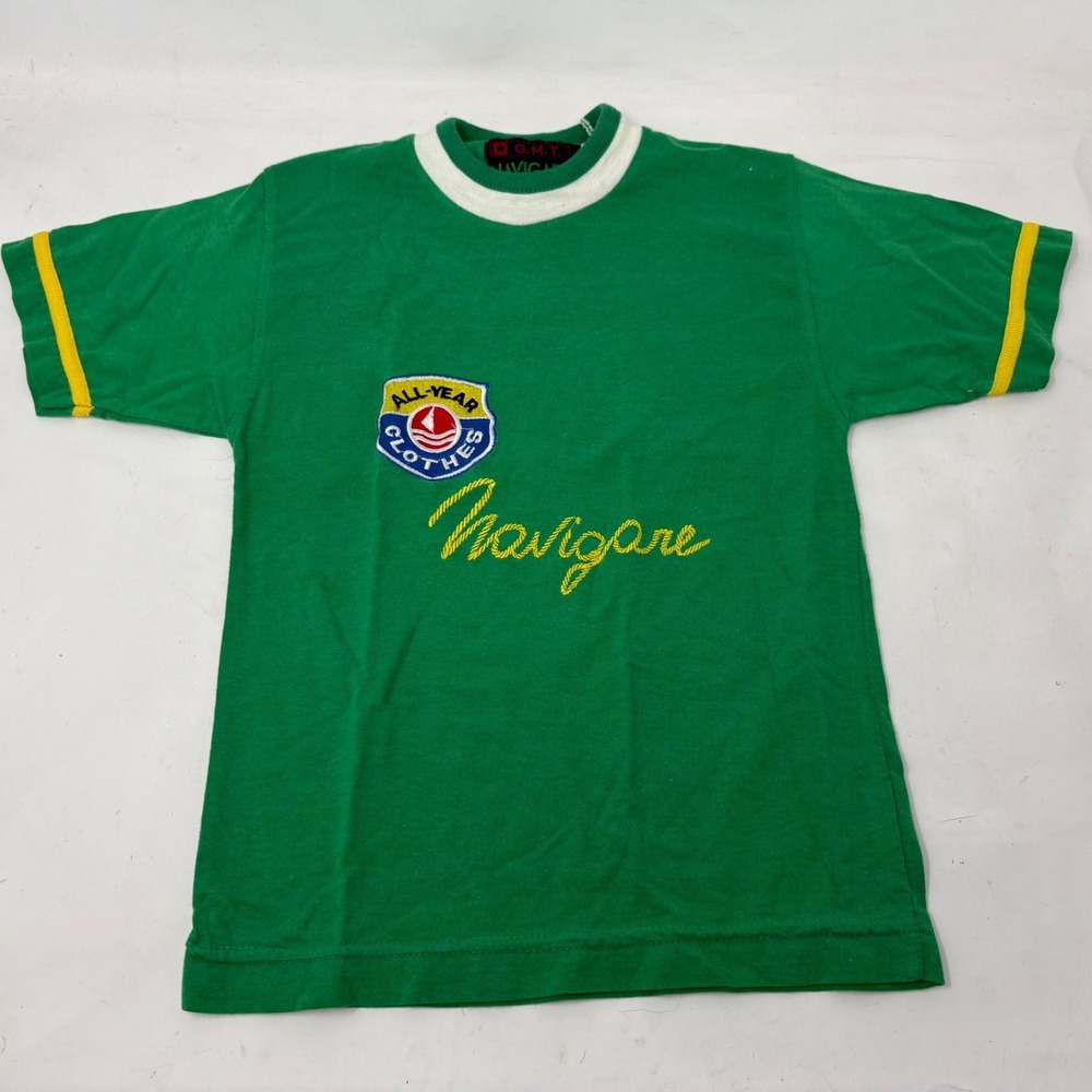 Vintage Navigare GMT Teen Agers Green Ringer T-Shirt Kids Sz 6 Embroidered Patch